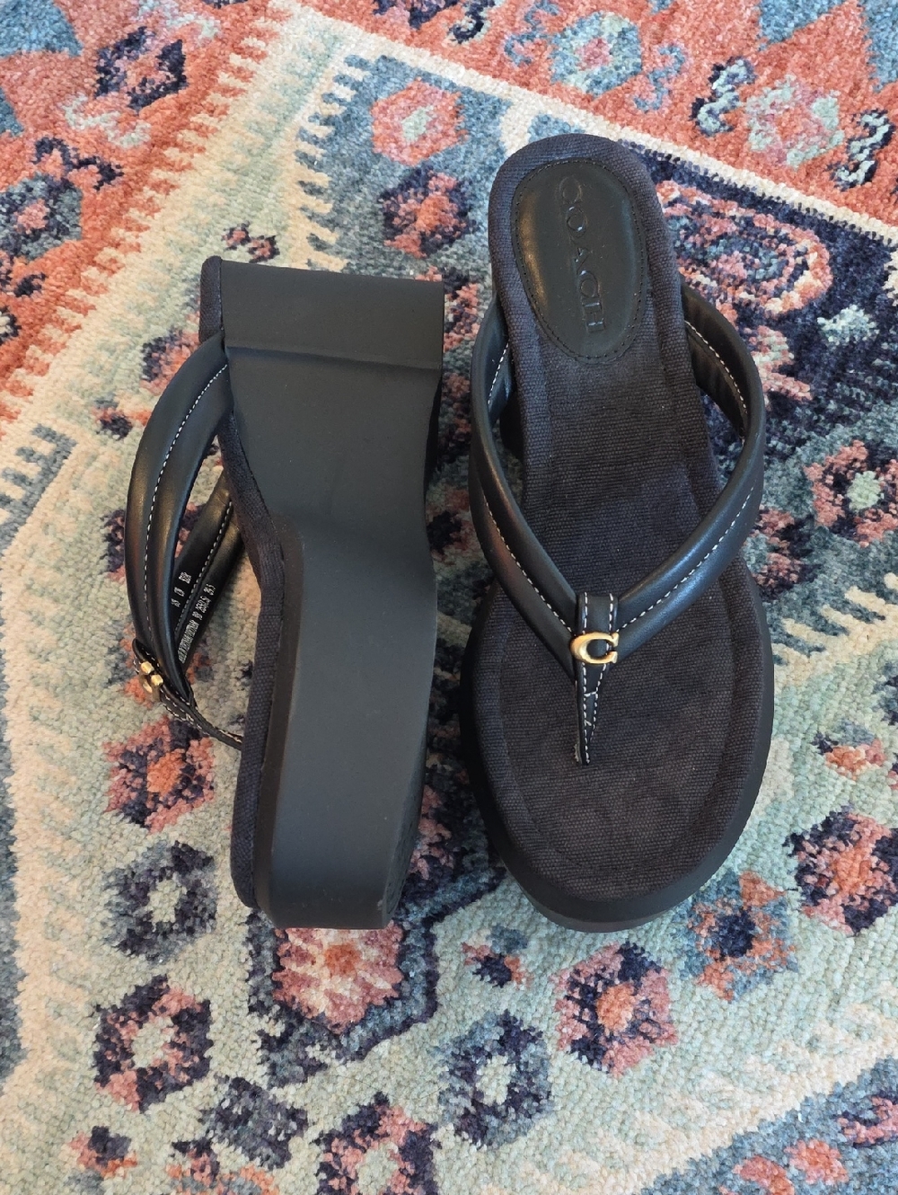Coach Black Wedge Thong Sandals with Gold Accent